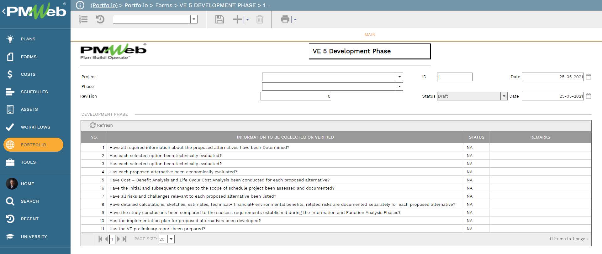 PMWeb 7 Portfolio Forms VE Development Phase 01 Main 