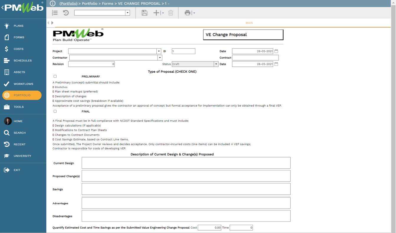 PMWeb 7 Portfolio Forms VE Change Proposal Main
