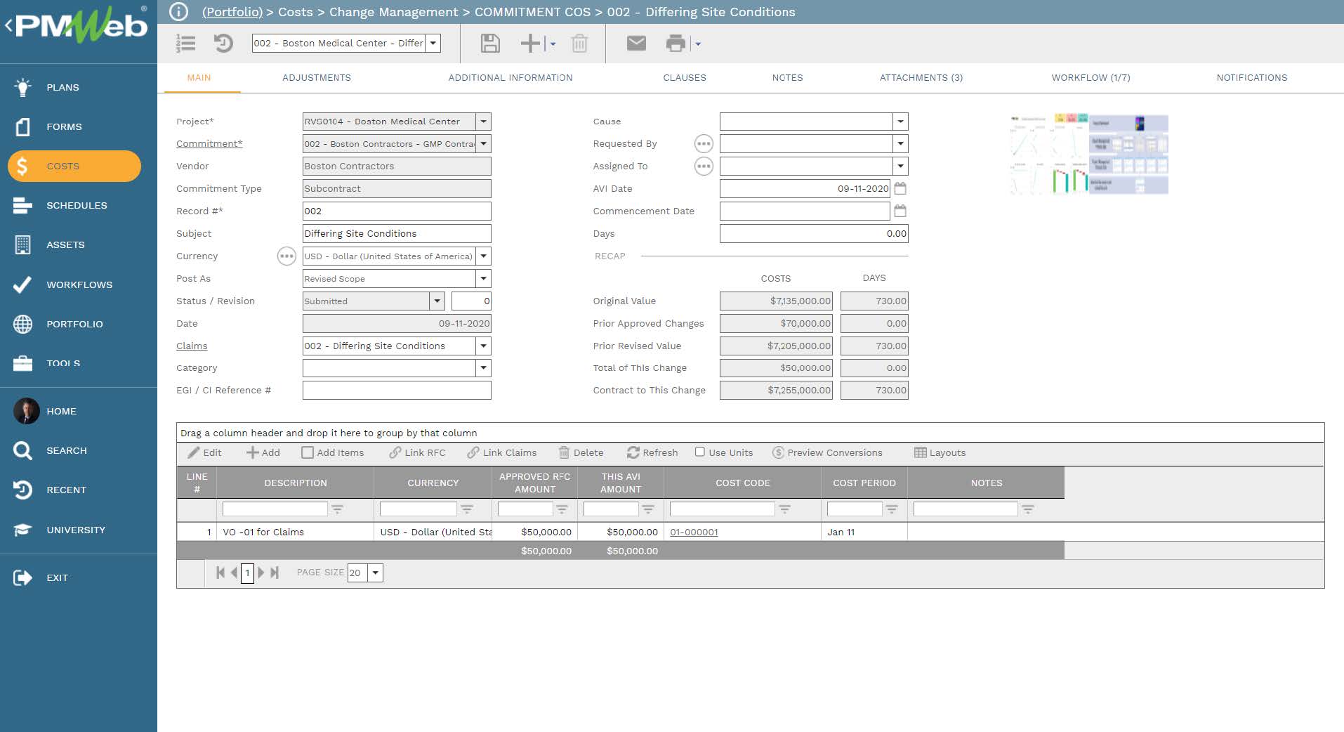 PMWeb 7 Costs Change Managment Commitment COS 002 Differing Site Conditions Main
