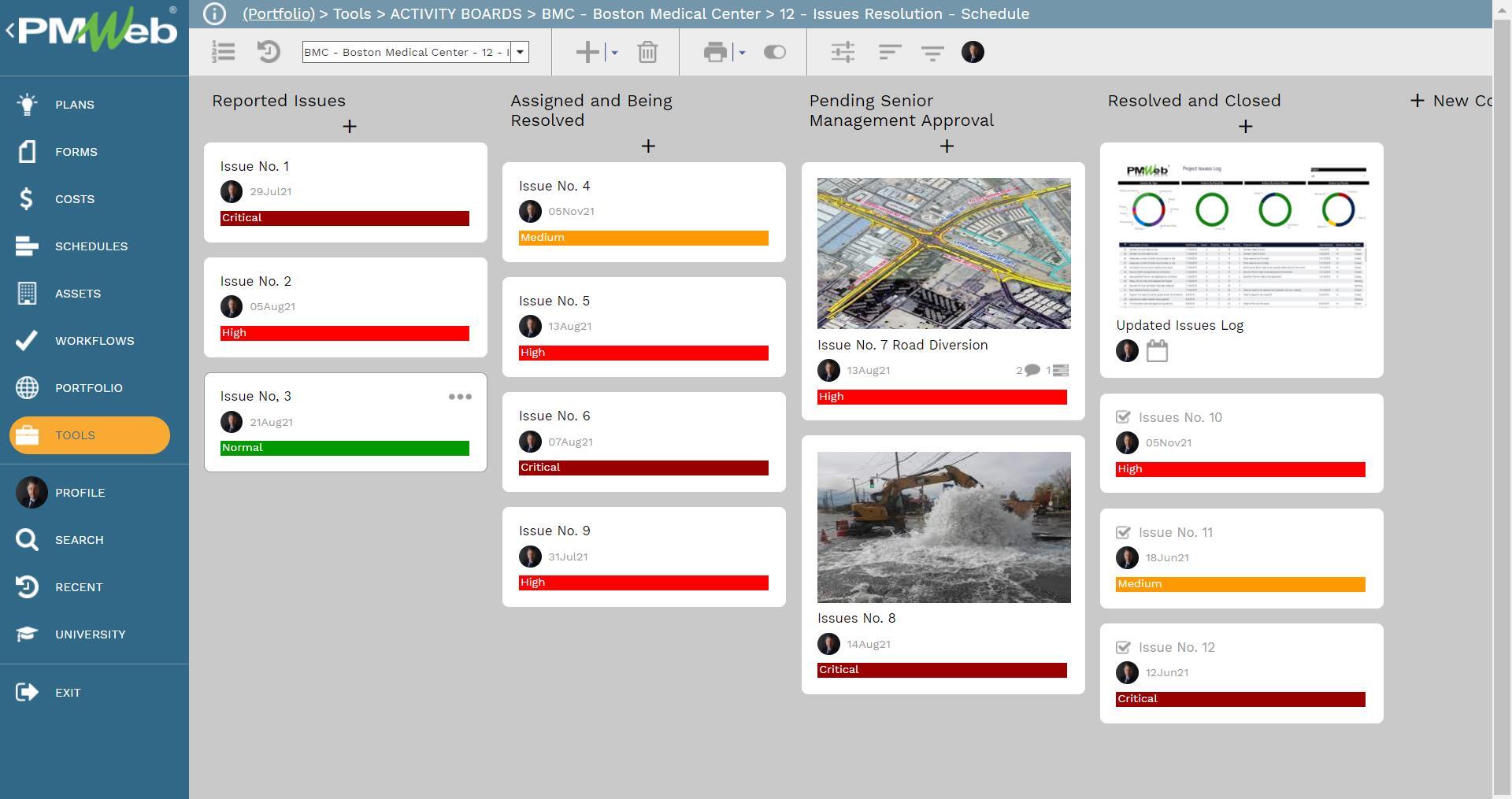 PMWeb 7 Tools Activity Boards BMC Boston Medical Center 12 Issues Resolution Schedule