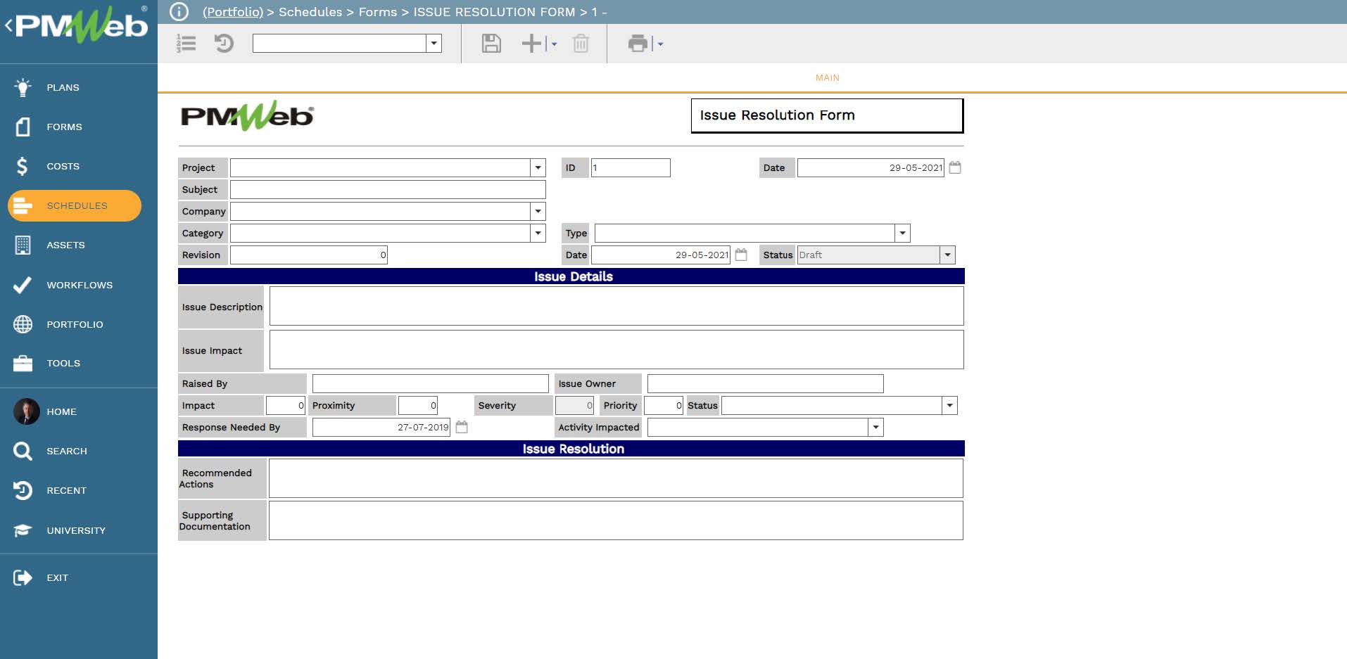 PMWeb 7 Schedules Forms Issues Resolution Form Main