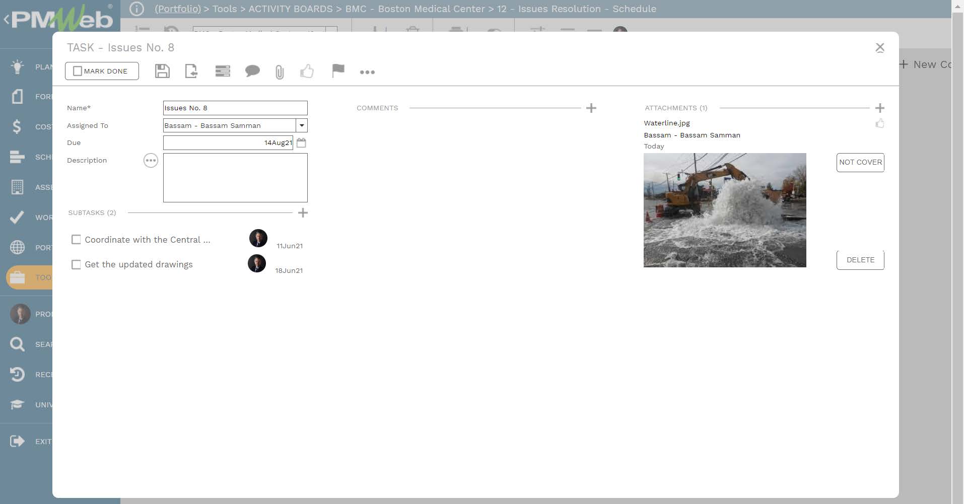 PMWeb 7 Tools Activity Boards BMC Boston Medical Center 12 Issues Resolution Schedule Task Issue