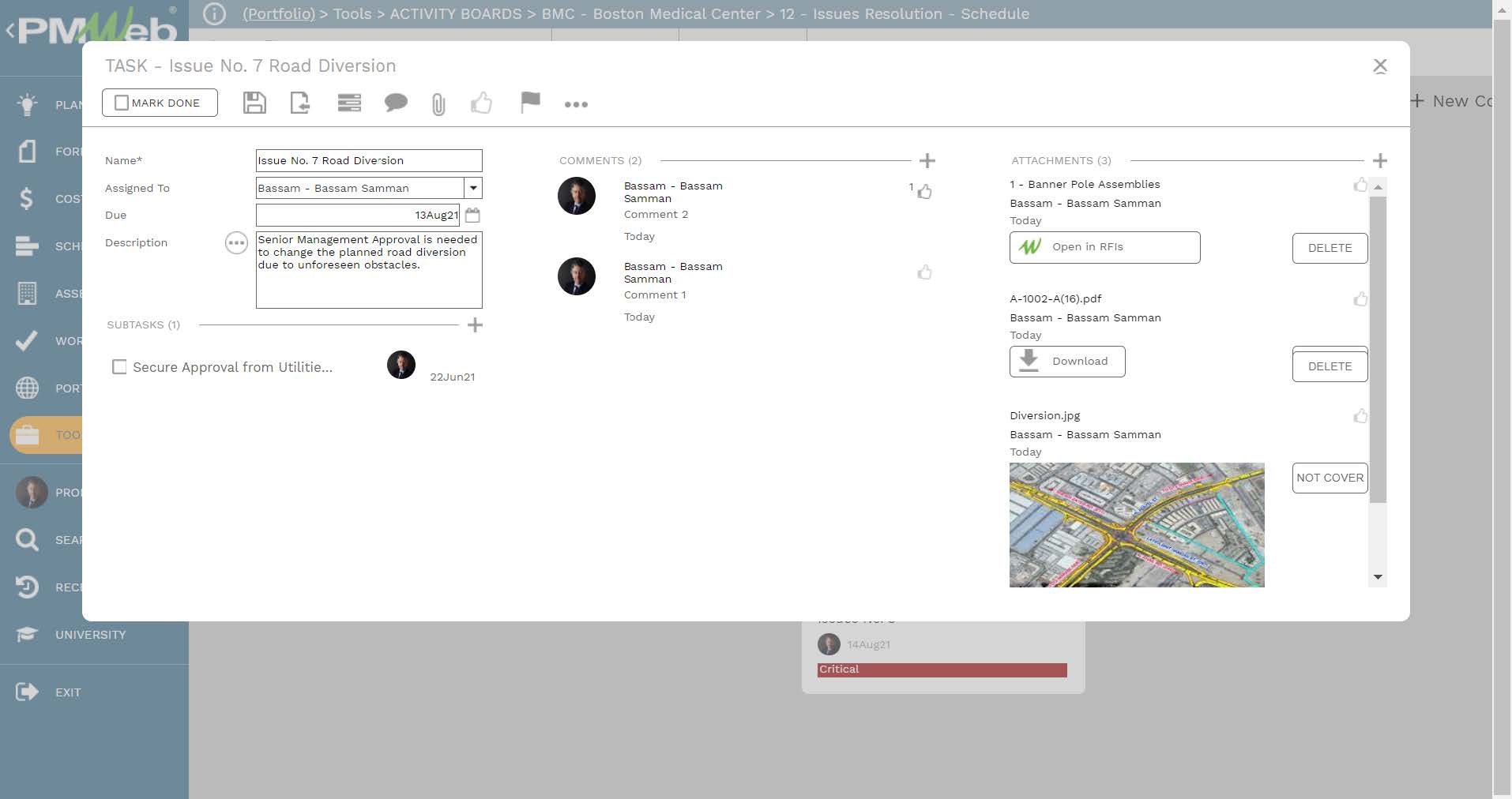 PMWeb 7 Tools Activity Boards BMC Boston Medical Center 12 Issues Resolution Schedule Task Issue Road Diversion