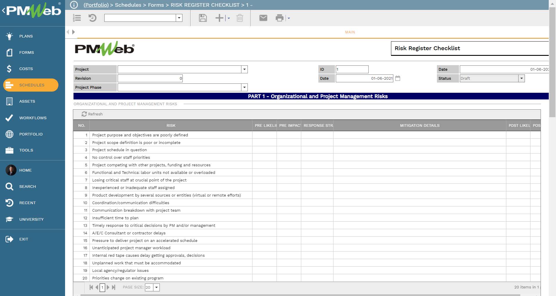 PMWeb 7 Schedules Forms Risk Register Checklist Main 