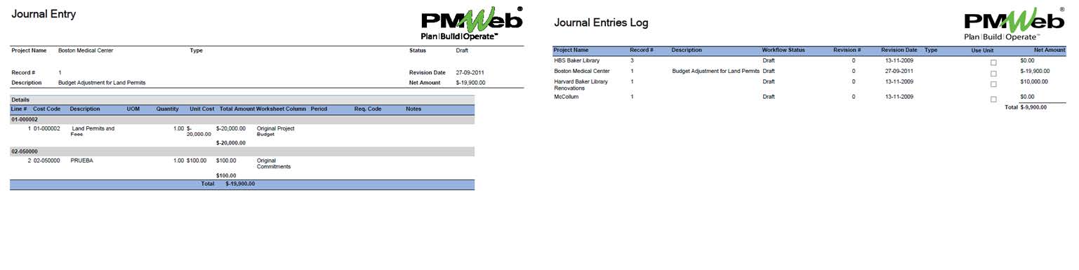 PMWeb 7 Journal Entry / Entries Log