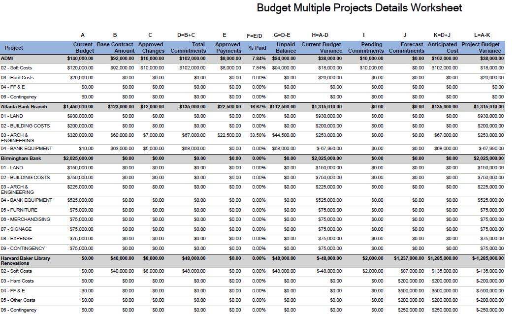 PMWeb 7 Budget Multiple Projects Details Worksheet
