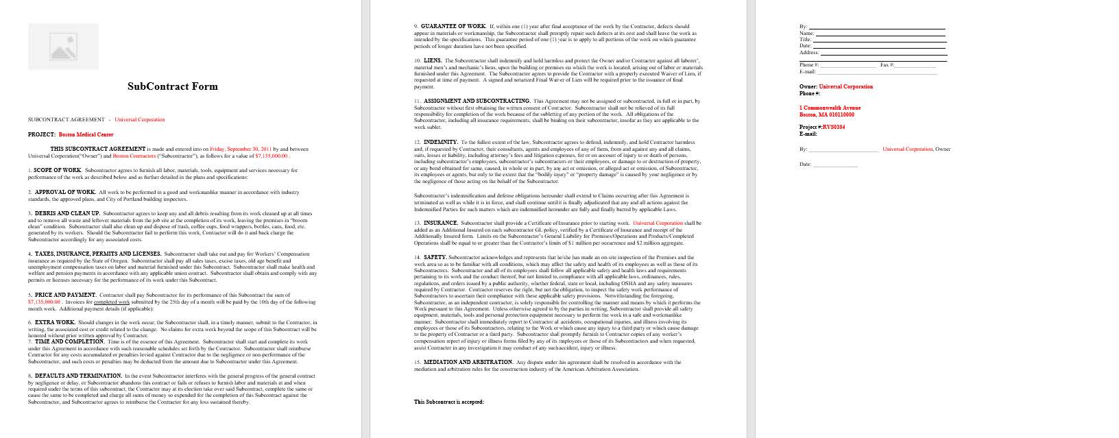 PMWeb 7 SubContract Form