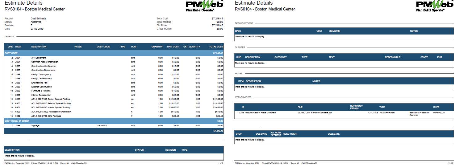 PMWeb 7 Estimate Details