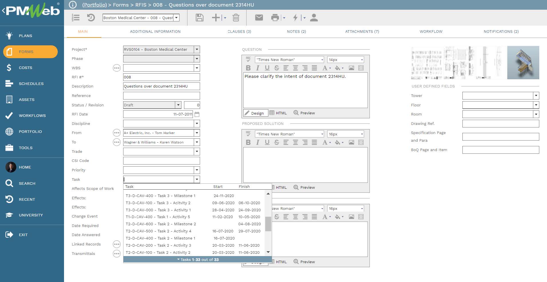 PMWeb 7 Forms RFIs Main