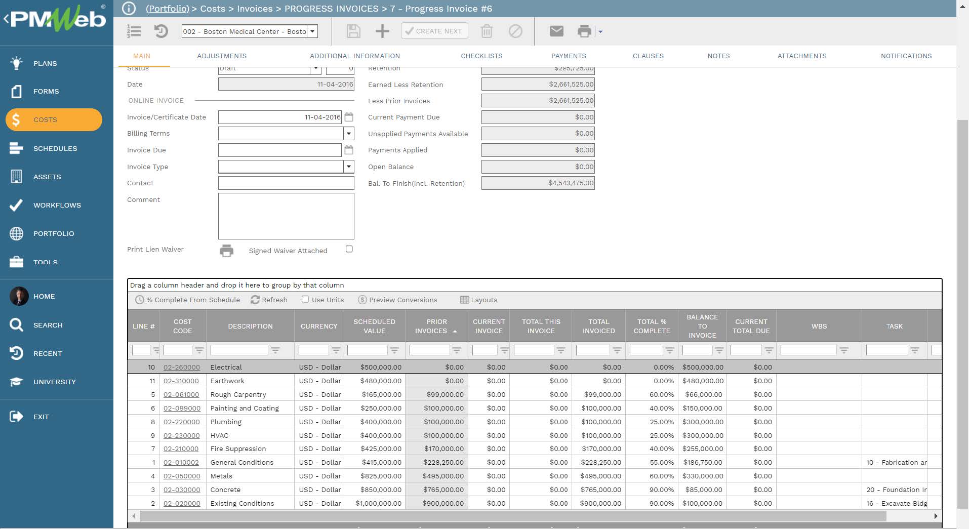 PMWeb 7 Costs Invoices Progress Invoices Main