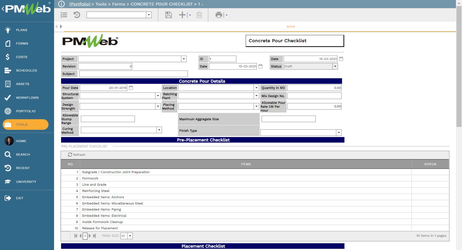 PMWeb 7 Tools Forms Concrete Pour Checklist Main