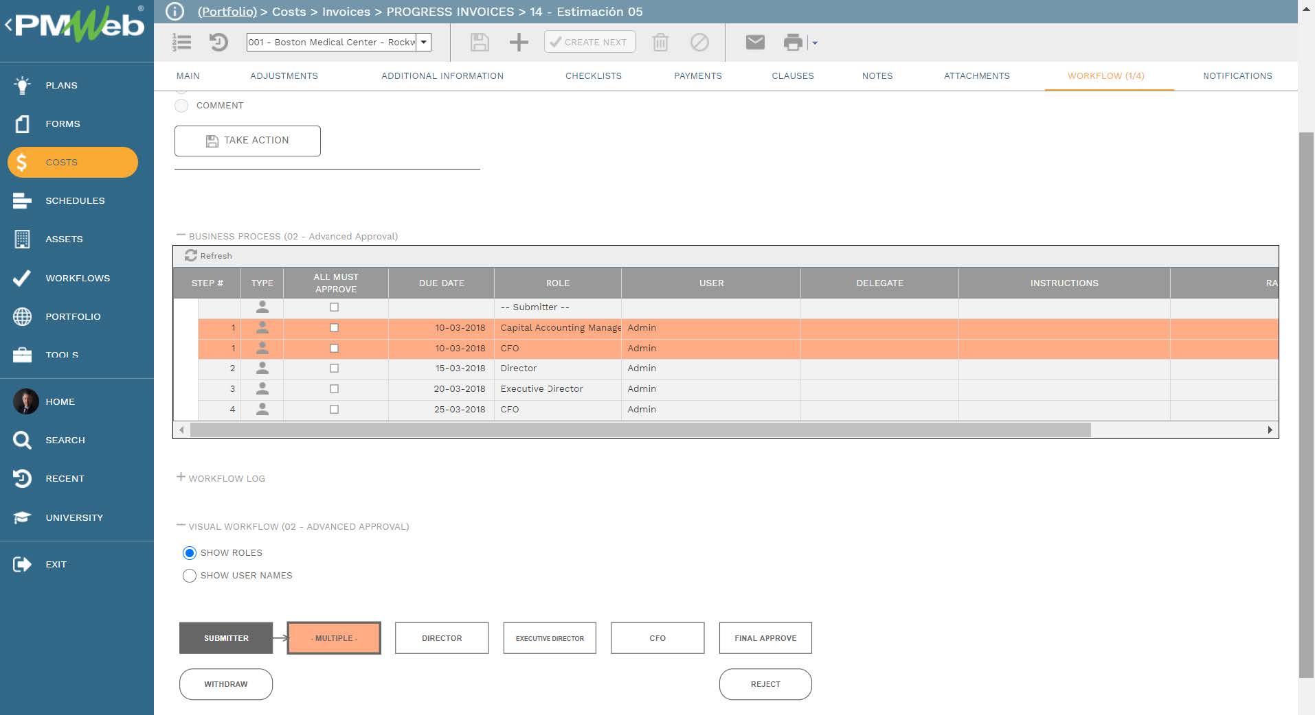 PMWeb 7 Costs Invoices Progress Invoices Estimacion