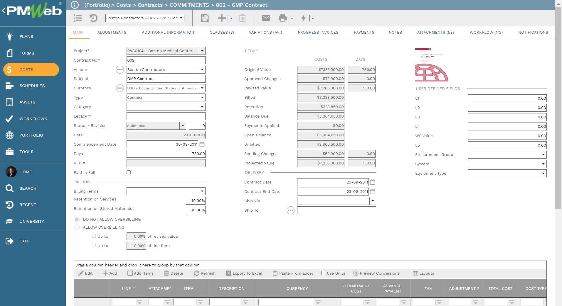 PMWeb 7 Costs Contracts Commitments GMP Contract Main