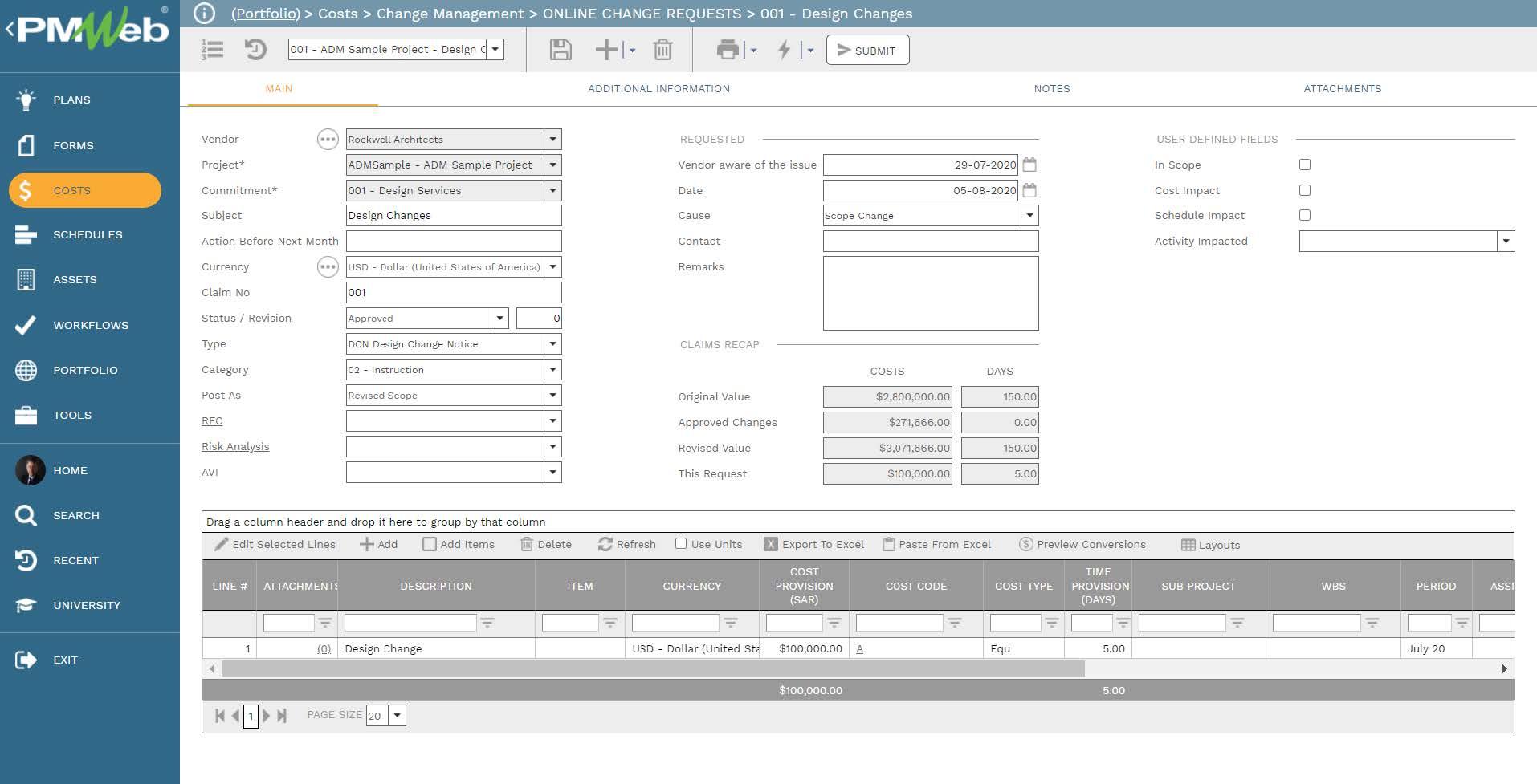 PMWeb 7 Costs Change Management Online Change Requests Design Charges Main