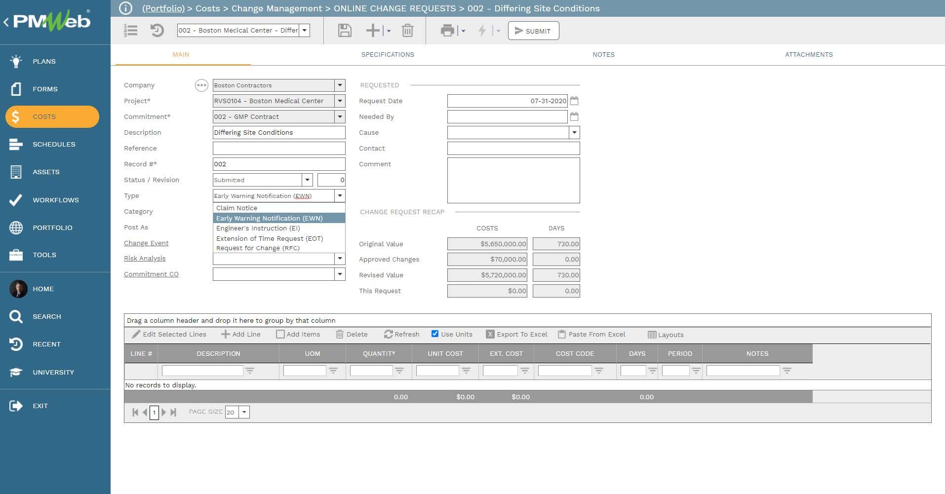 PMWeb 7 Costs Change Management Online Change Requests Differing Site Conditions Main