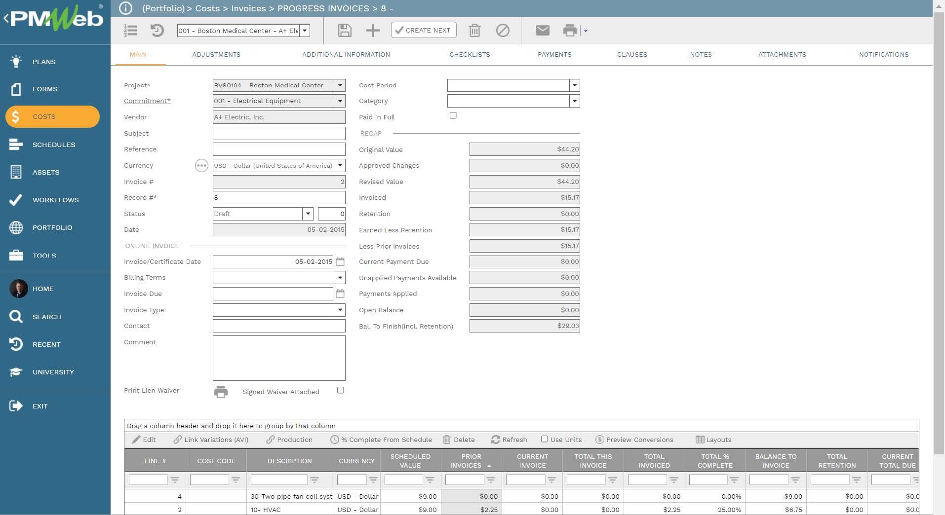 PMWeb 7 Costs Invoices Progress Invoices Main