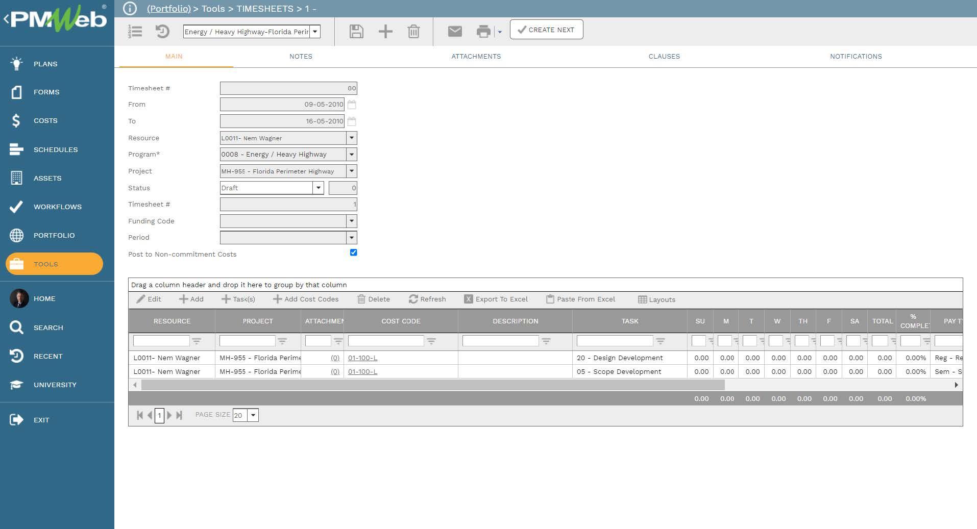 PMWeb 7 Tools Timesheets Main