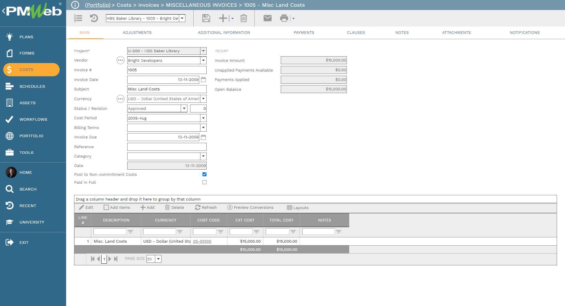 PMWeb 7 Costs Invoices Miscellaneous Invoices Main