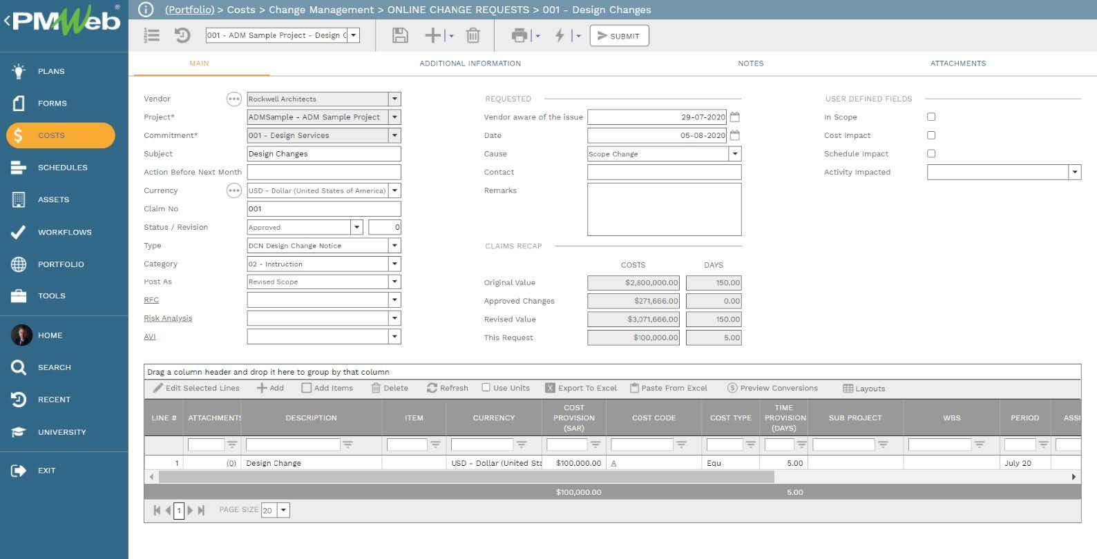 PMWeb 7 Costs Charge Management Online Change Requests Design Changes Main 