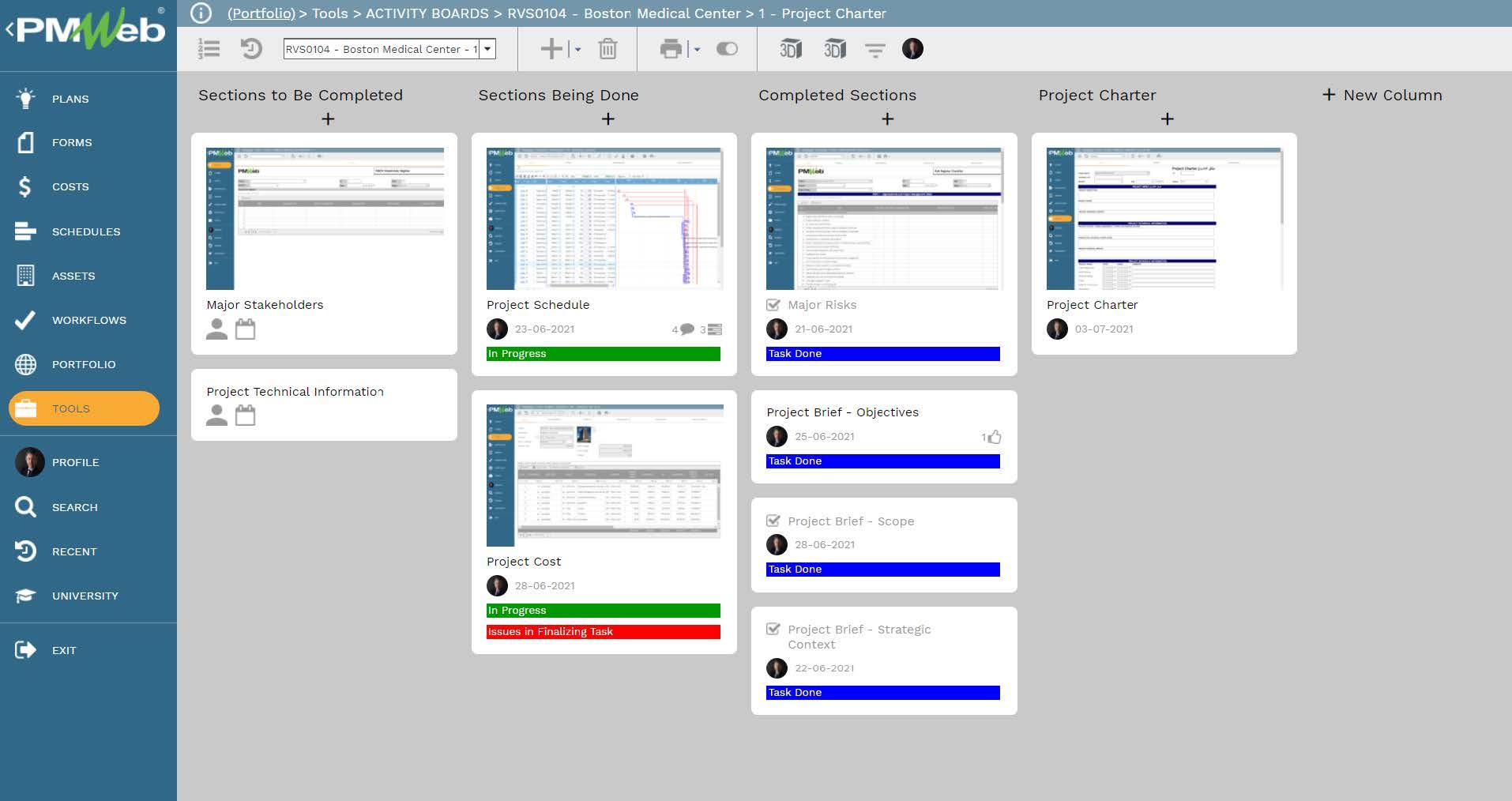 PMWeb 7 Tools Activity Boards Boston Medical Center Project Charter