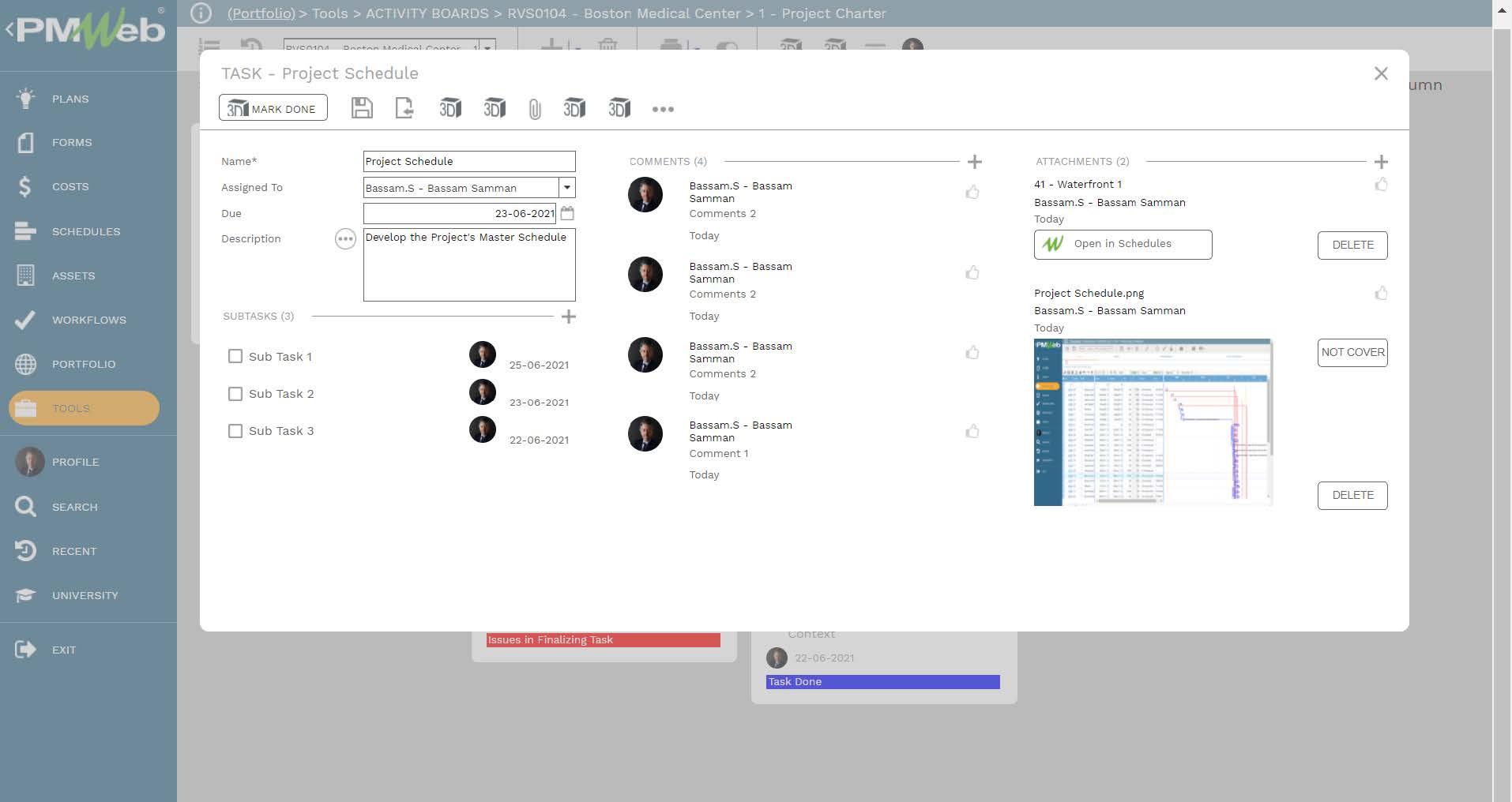 PMWeb 7 Tools Activity Boards Boston Medical Center Project Charter Task Project Schedule