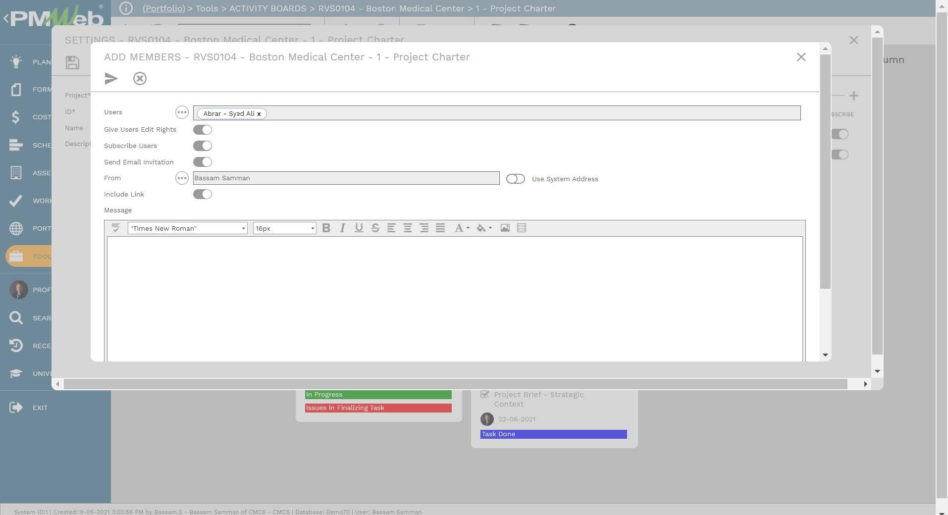 PMWeb 7 Tools Activity Boards Boston Medical Center Project Charter Add Members Boston Medical Center Project Charter