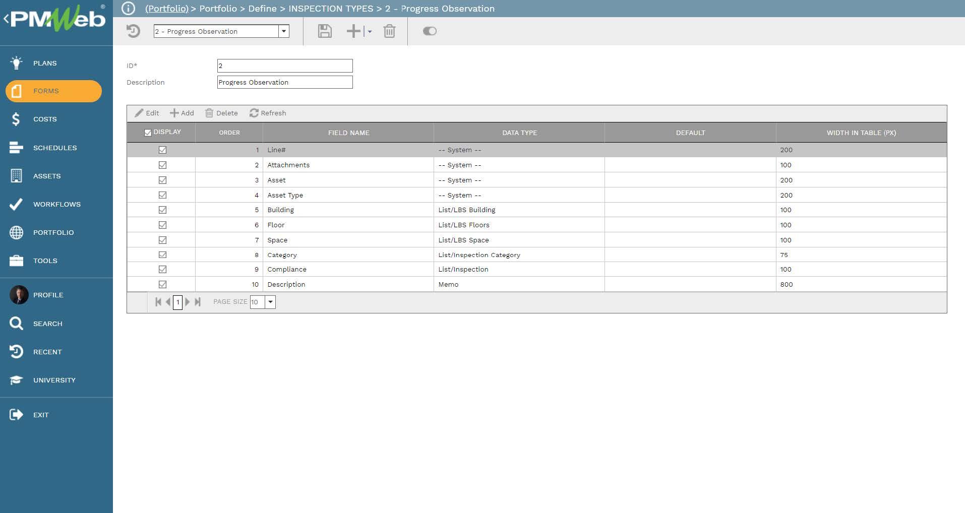 PMWeb 7 Portfolio Define Inspections Types Progress Observation