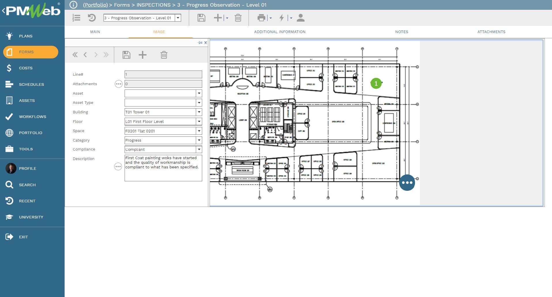 PMWeb 7 Forms Inspections Progress Observation Level 01 Image