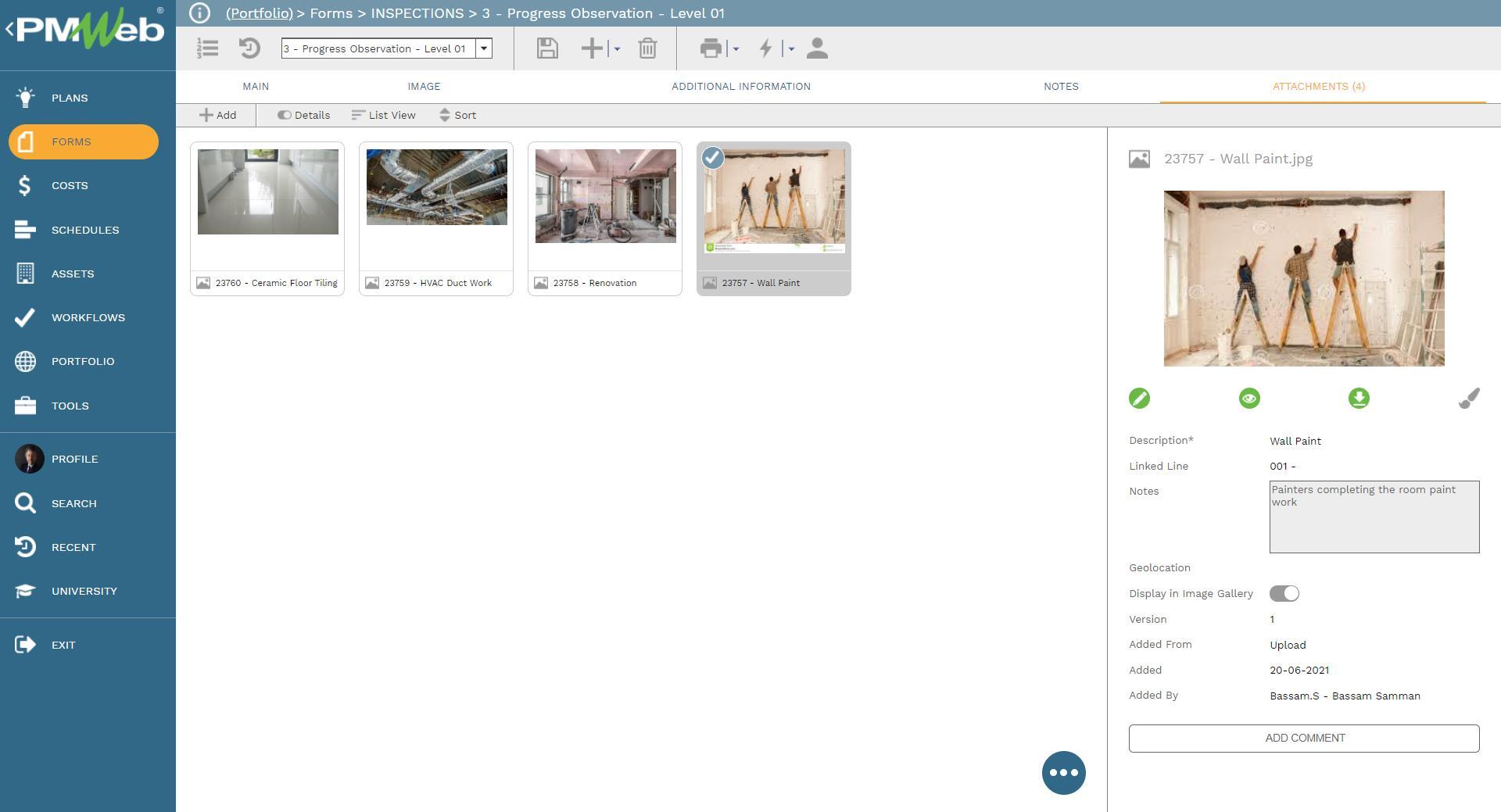 PMWeb 7 Forms Inspections Progress Observation Level 01 Attachments