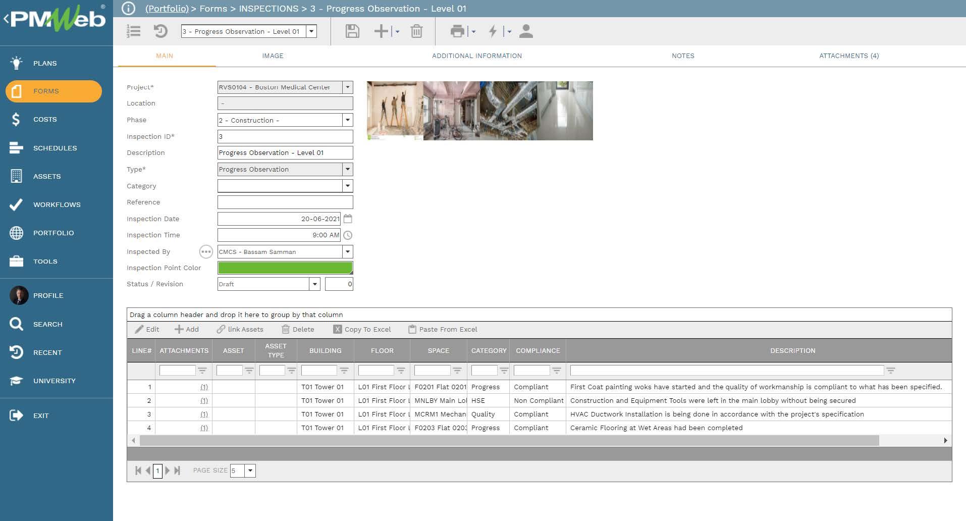 PMWeb 7 Forms Inspections Progress Observation Level 01 Main