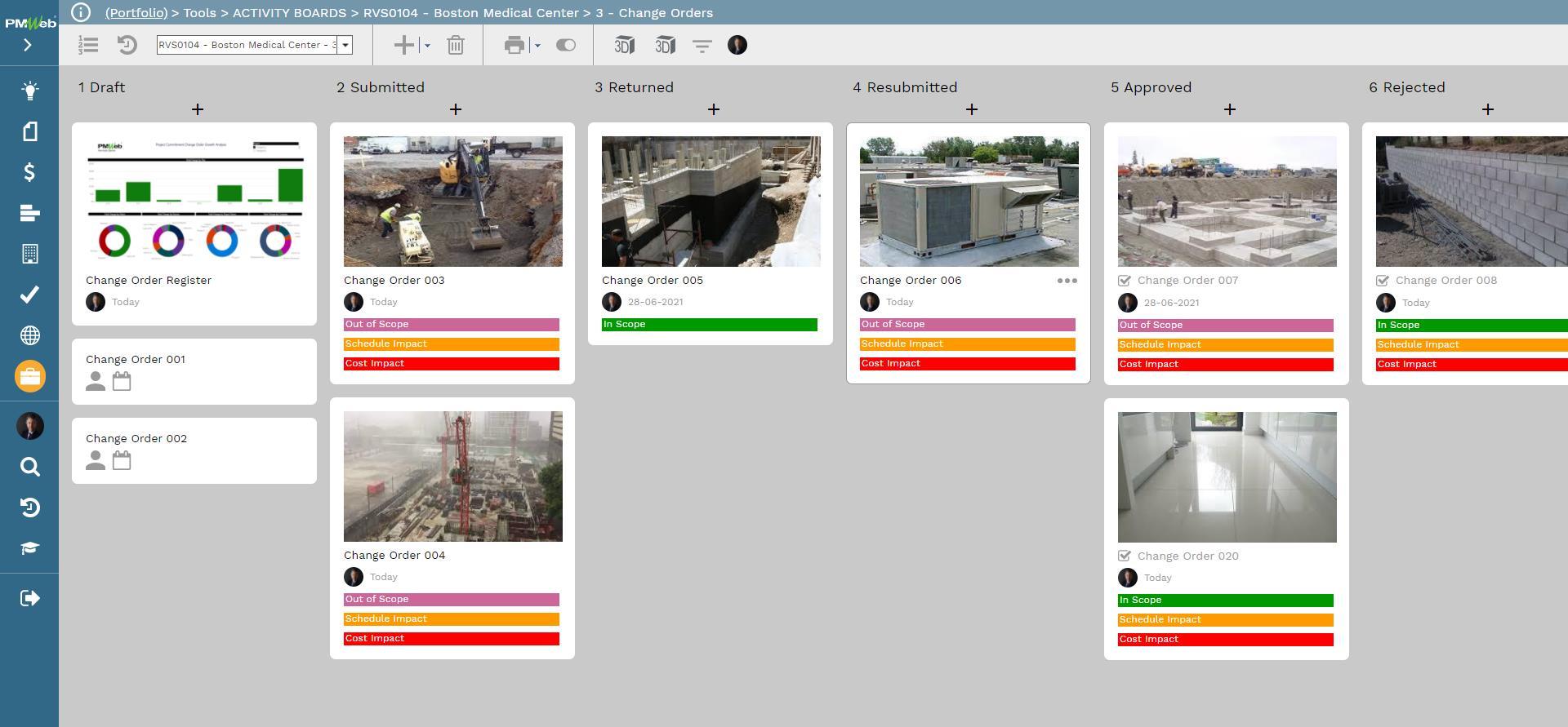 PMWeb 7 Tools Activity Boards Boston Medical Center Change Orders Task Change