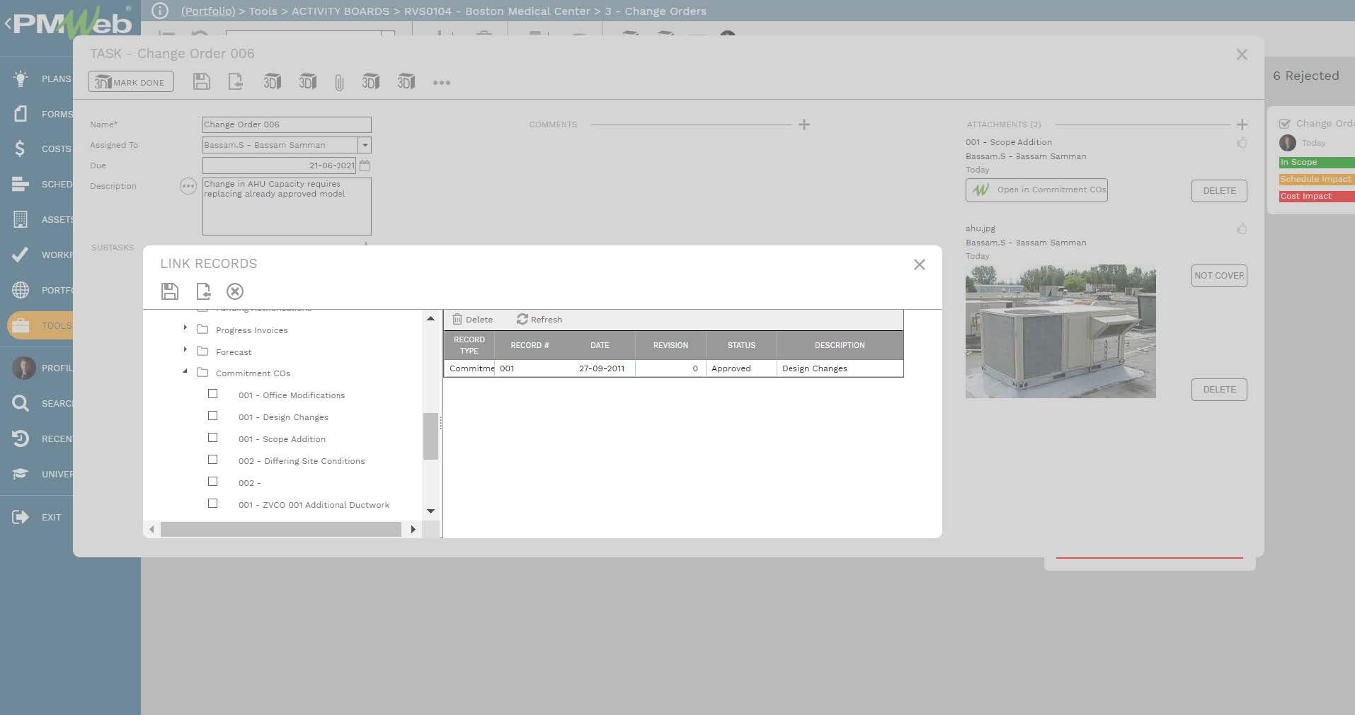 PMWeb 7 Tools Activity Boards Boston Medical Center Change Orders Task Change Order Link Records
