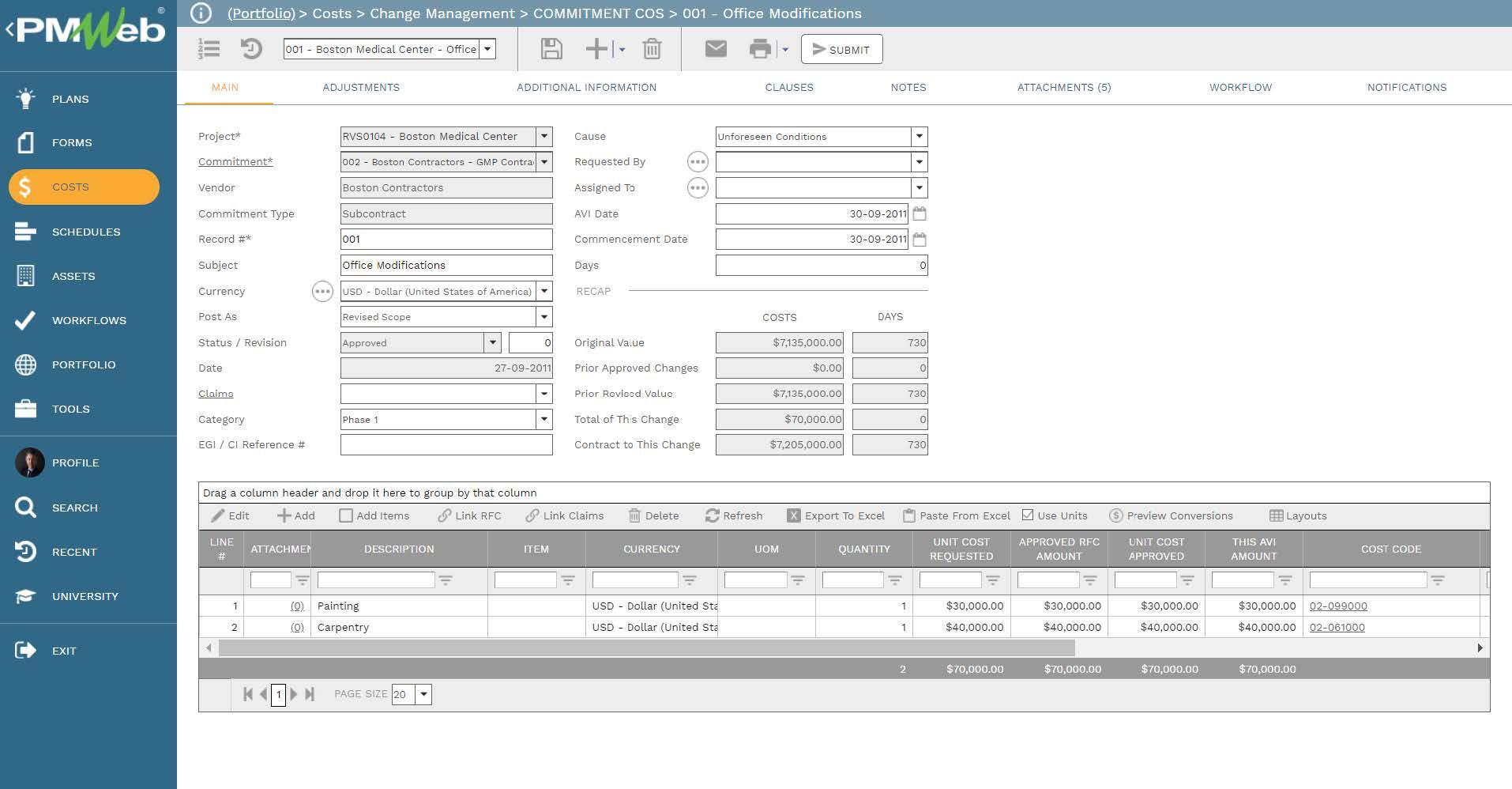 PMWeb 7 Costs Change Managment Commitment COS Office Modifications
