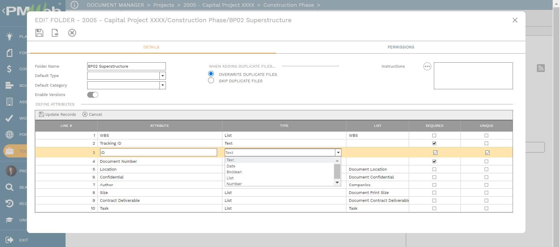 PMWeb 7 Document Manager Projects Capital Project Construction Phase Details 