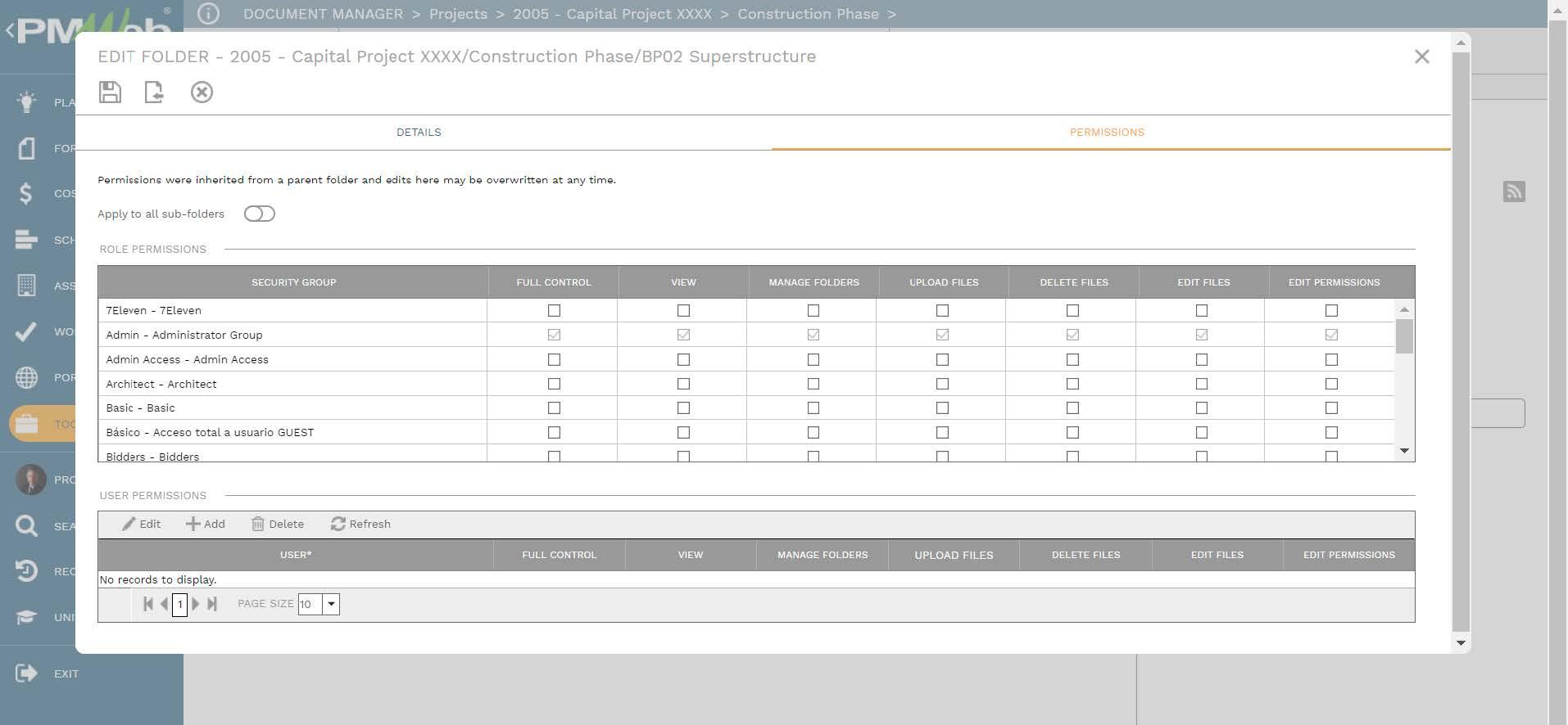 PMWeb 7 Document Manager Projects Capital Project Construction Phase Permissions 