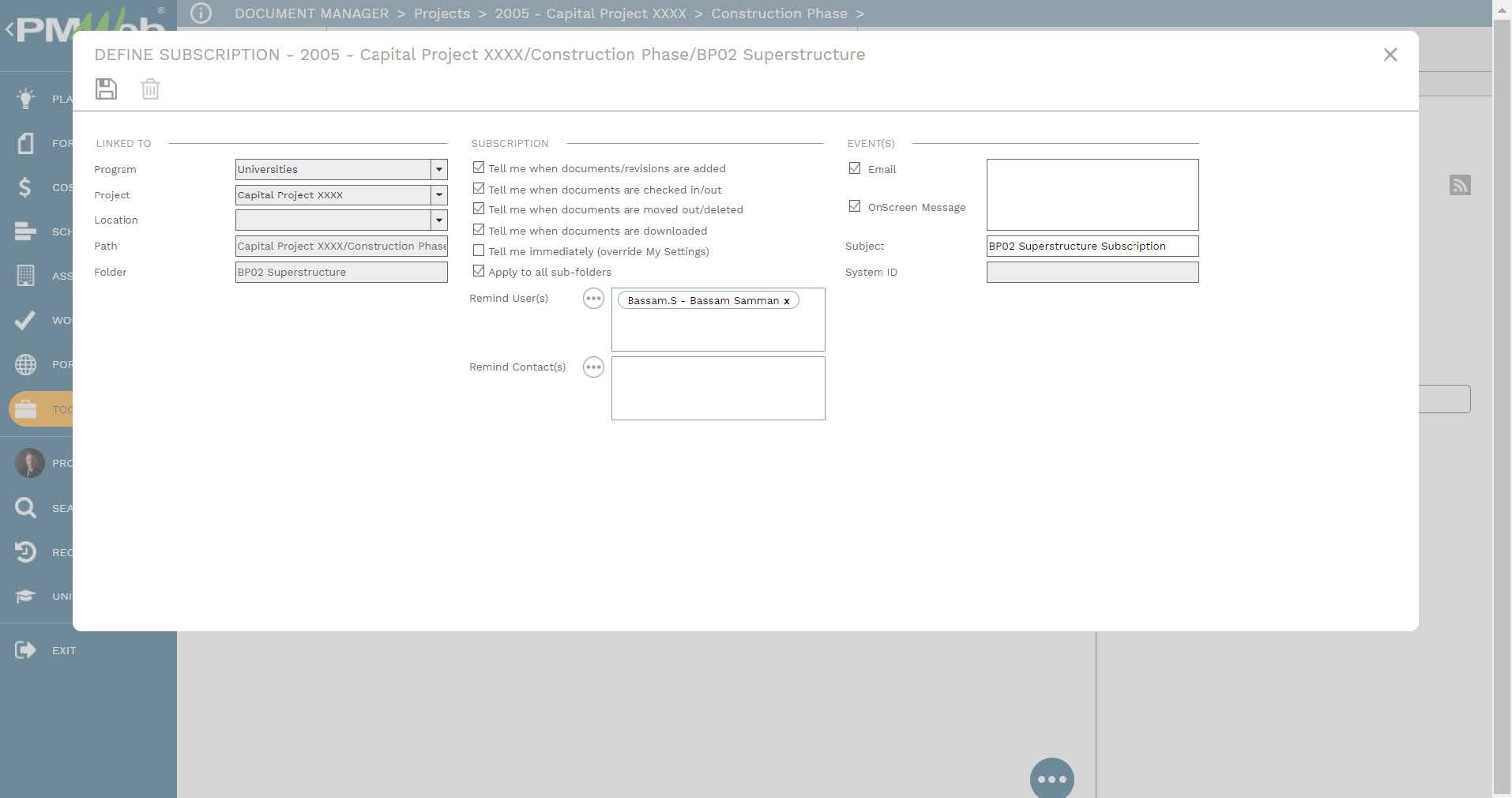 PMWeb 7 Document Manager Projects Capital Project Construction Phase Define Subscription 