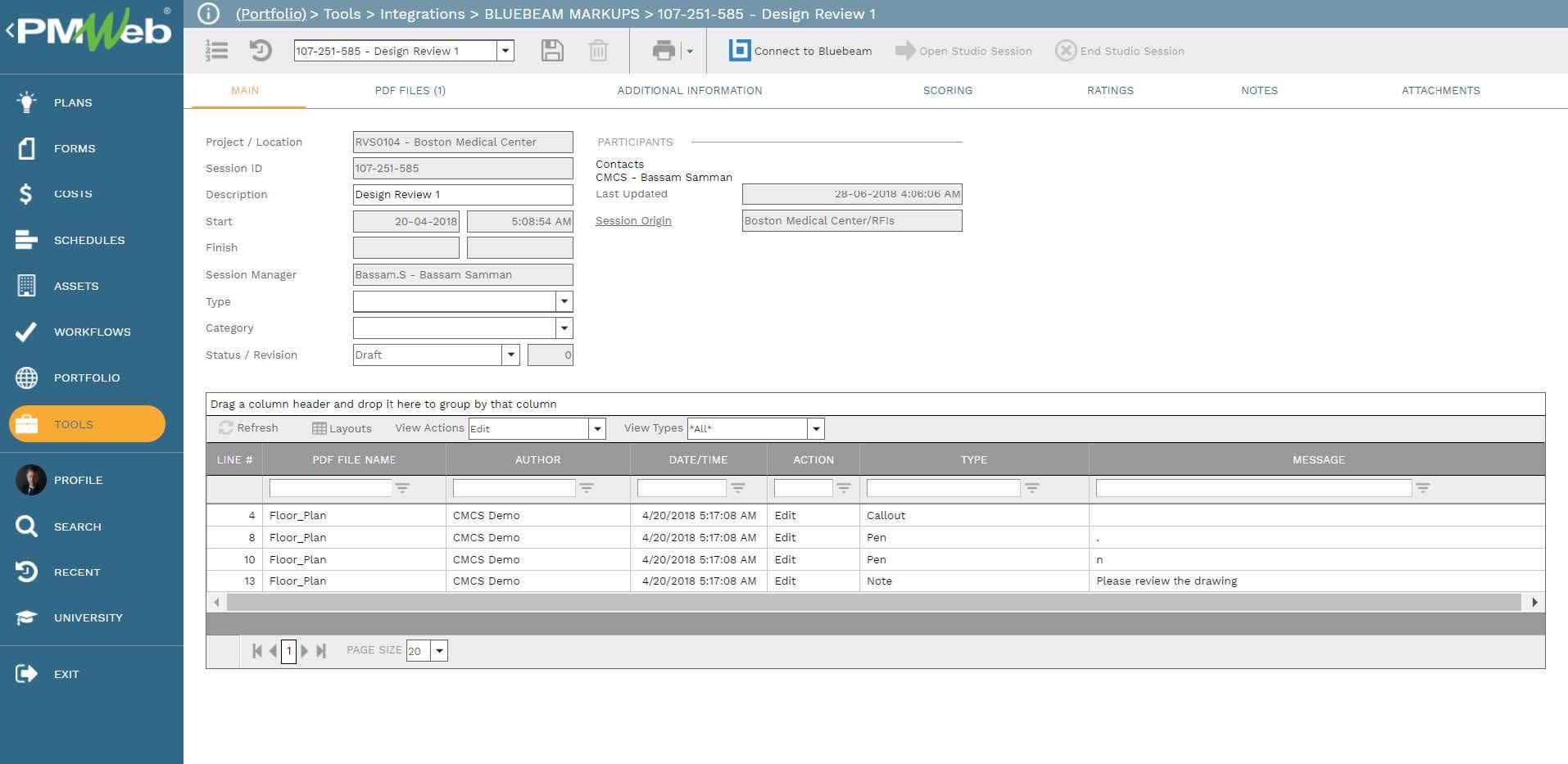 PMWeb 7 Tools Integrations Bluebeam Markups Design Review 
Main
