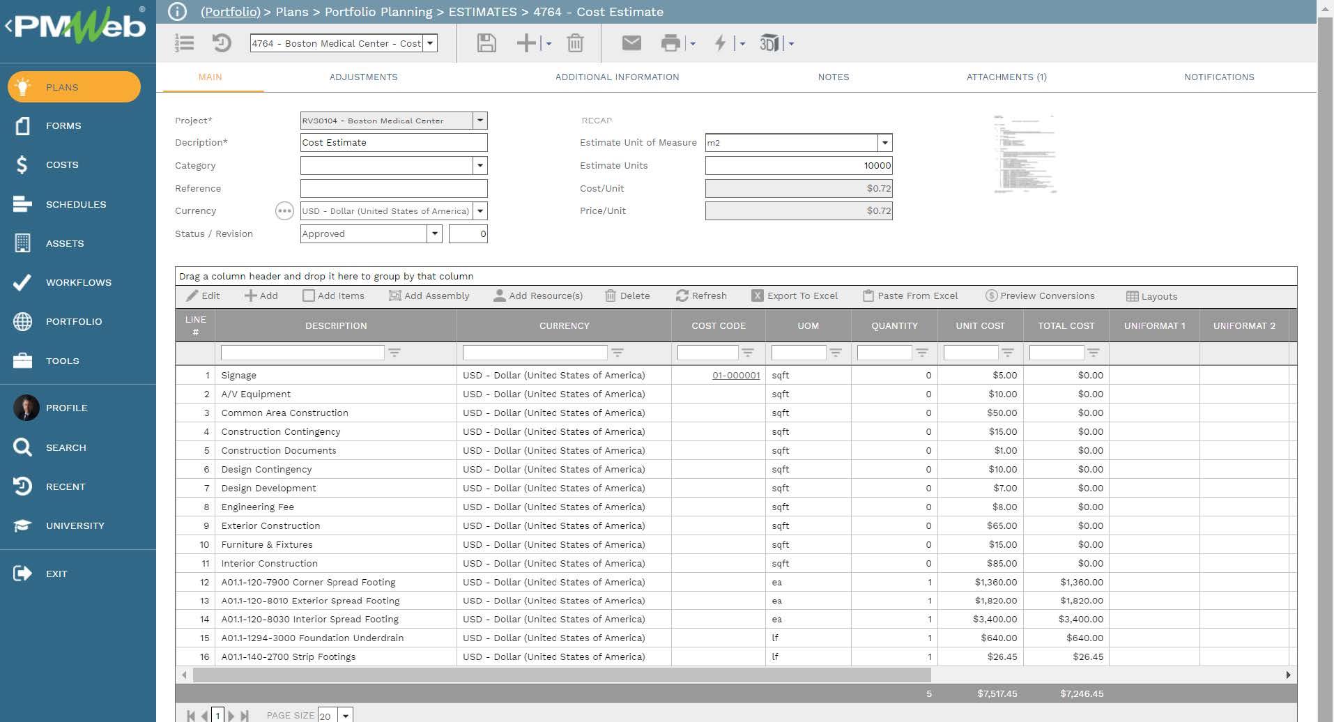 PMWeb 7 Plans Portfolio Planning Estimates Cost Estimate
Main