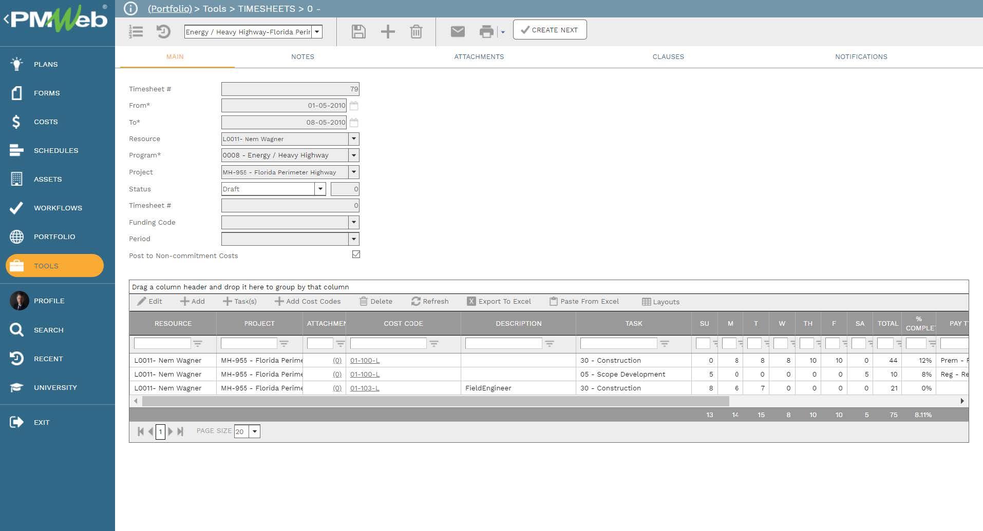 PMWeb 7 Tools Timesheets
Main