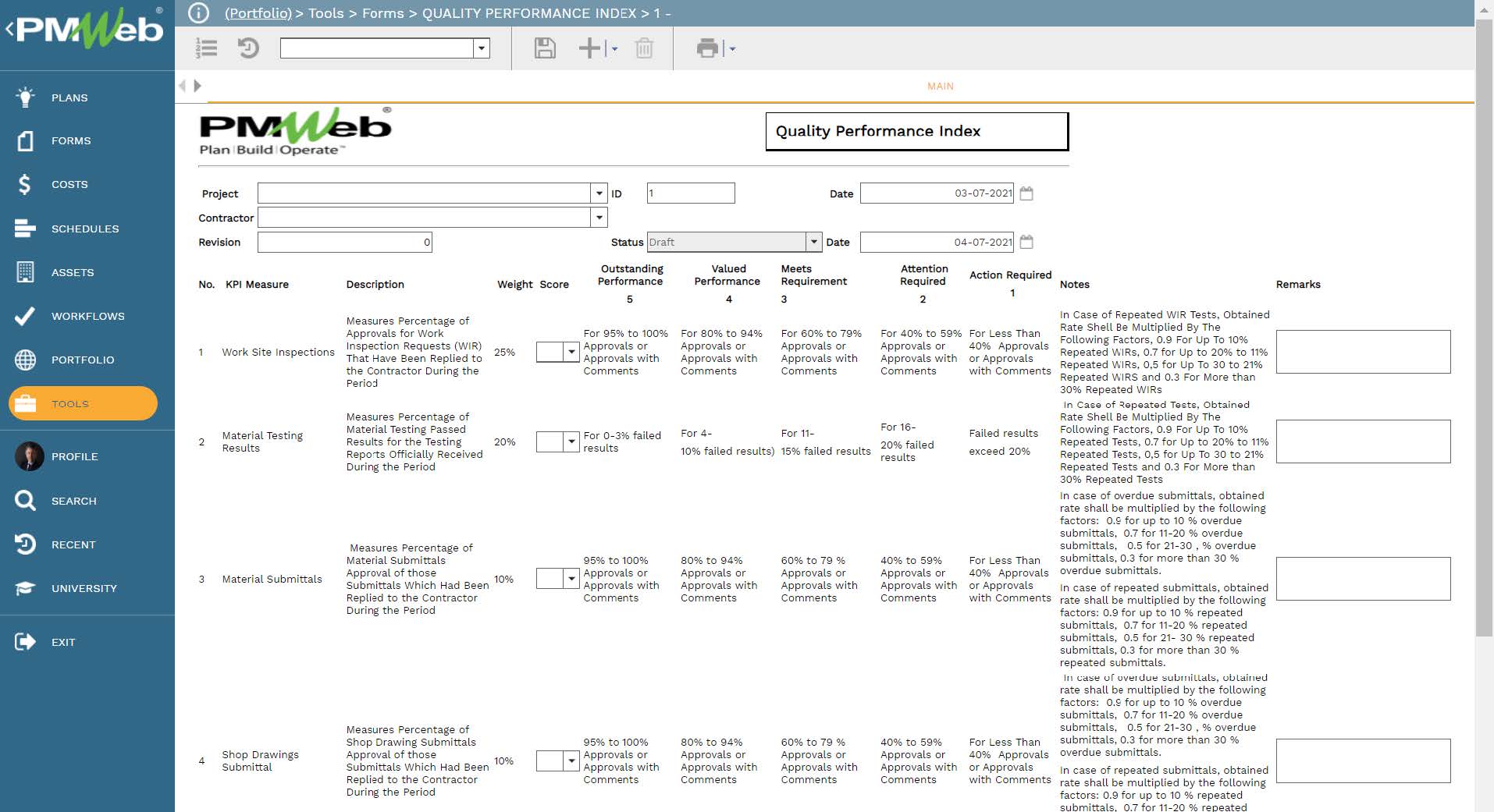 PMWeb 7 Tools Forms Quality Performance index 