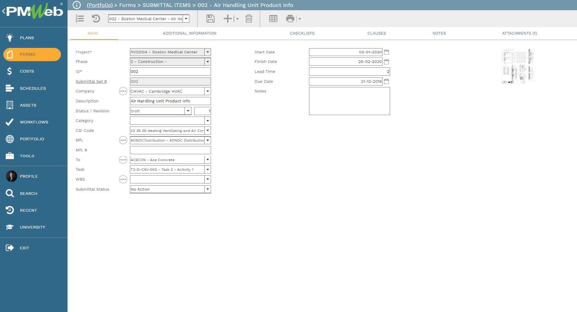 PMWeb 7 Forms Submittal Items Air Handing Unit Product Info
Main 