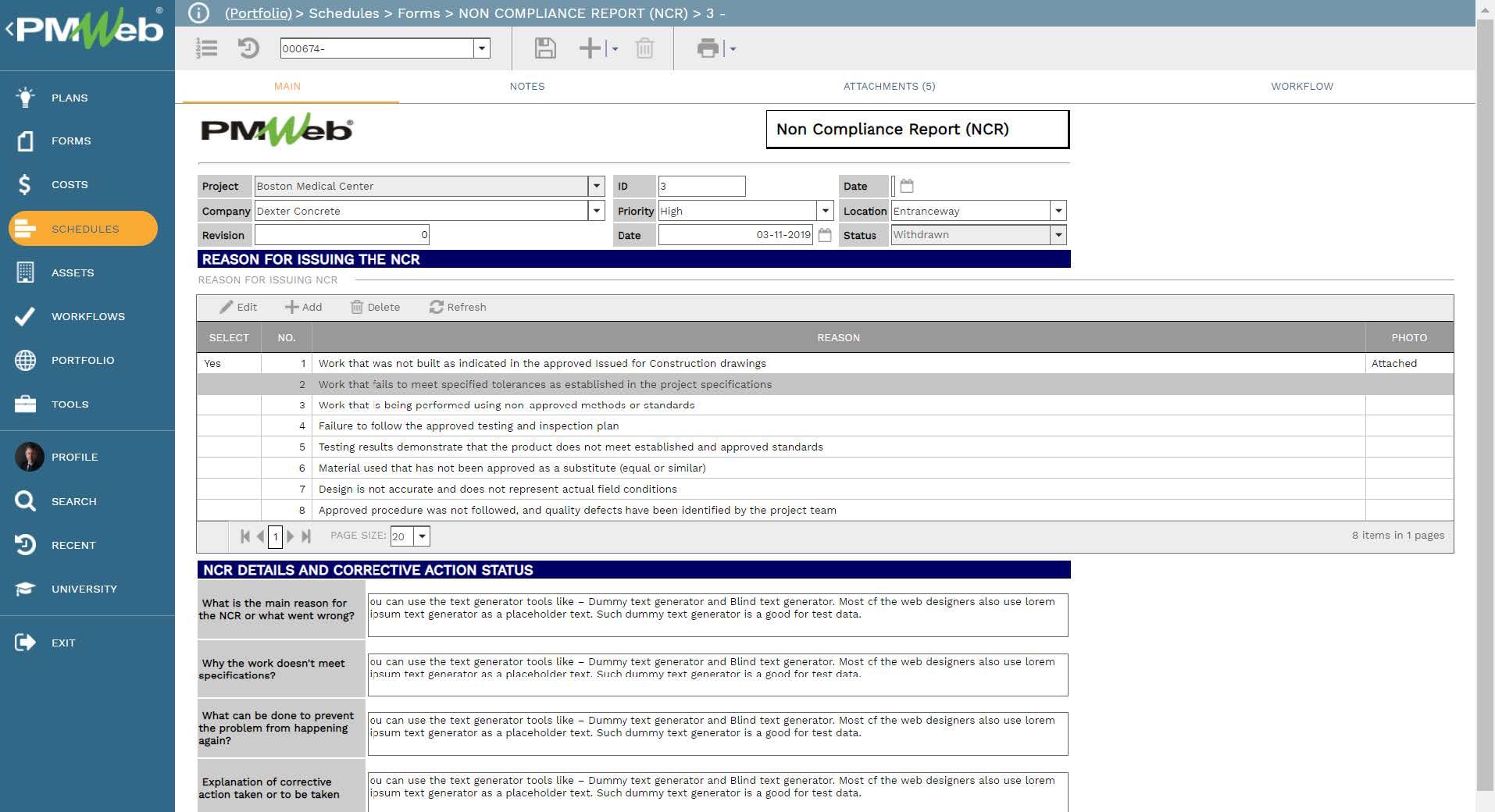 PMWeb 7 Schedules Forms Bon Compliance Report (NCR)
Main