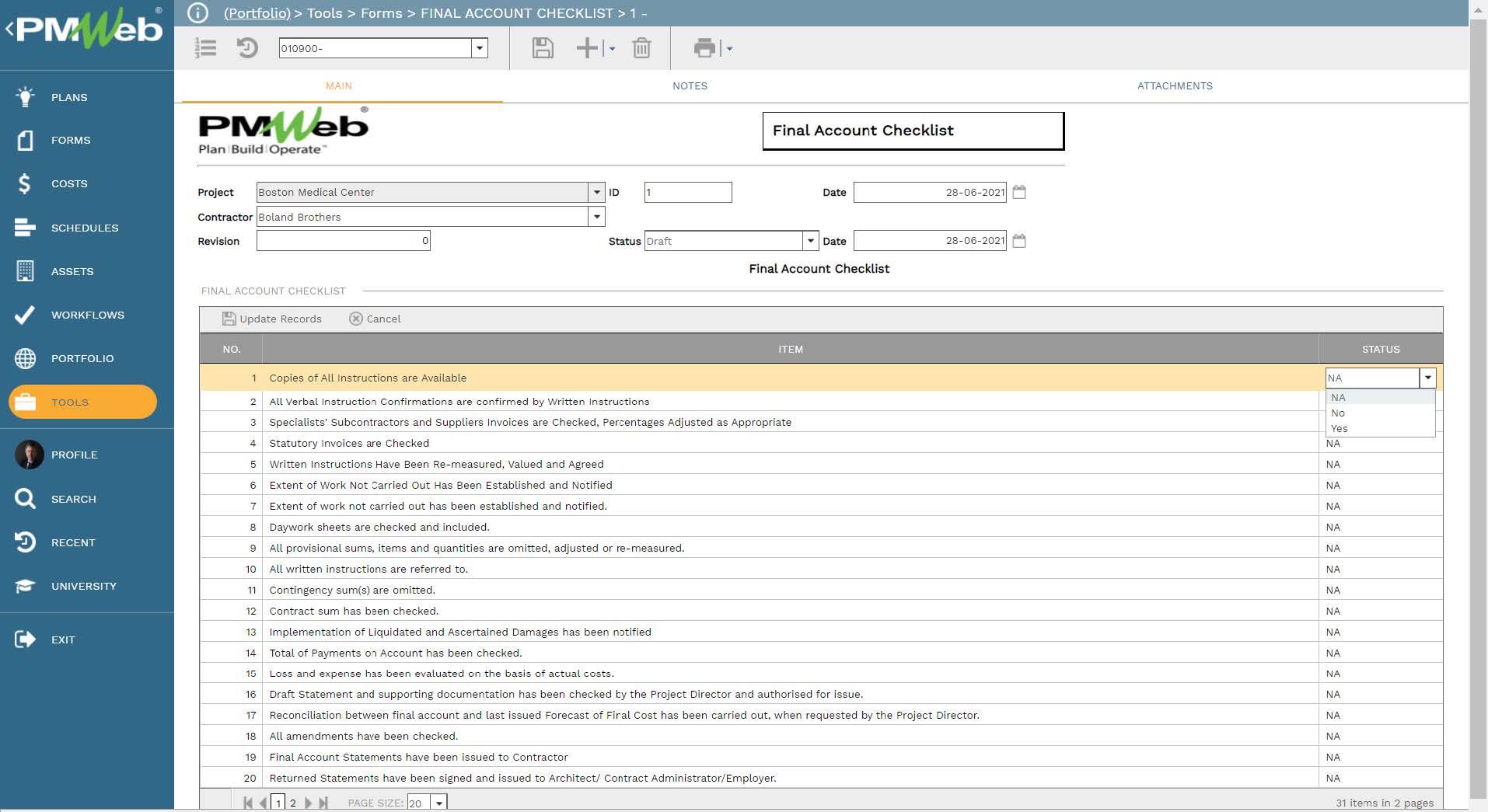 PMWeb 7 Tools Forms Final Account Checklist
Main 