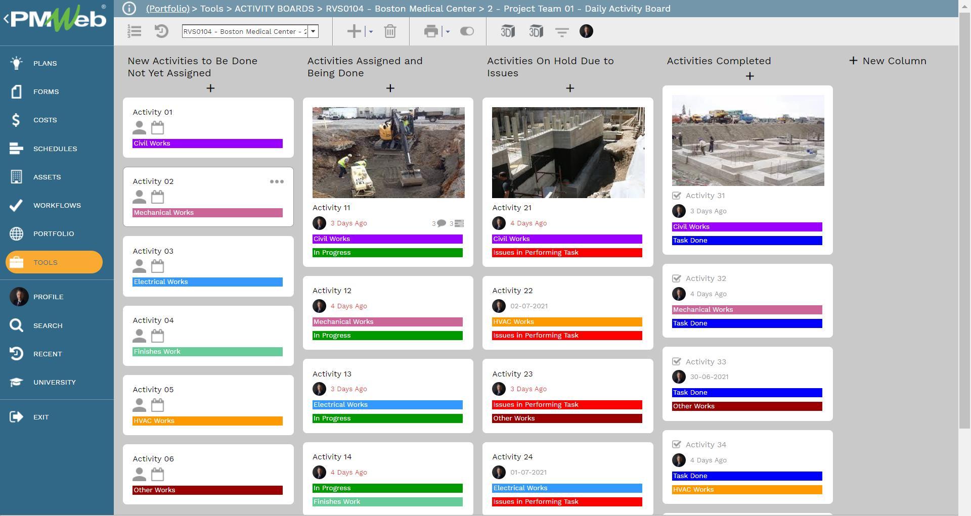 PMWeb 7 Tools Activity Boards Boston Medical Center Project Team Daily Activity Board 