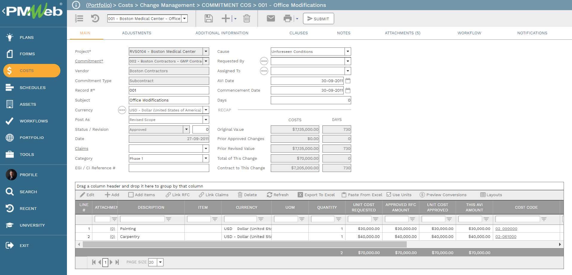 PMWeb 7 Costs Change Management Commitment COS Office Modification
Man