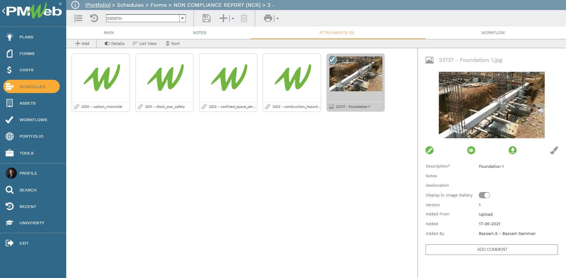PMWeb 7 Schedules Forms Non Compliance Report (NCR)