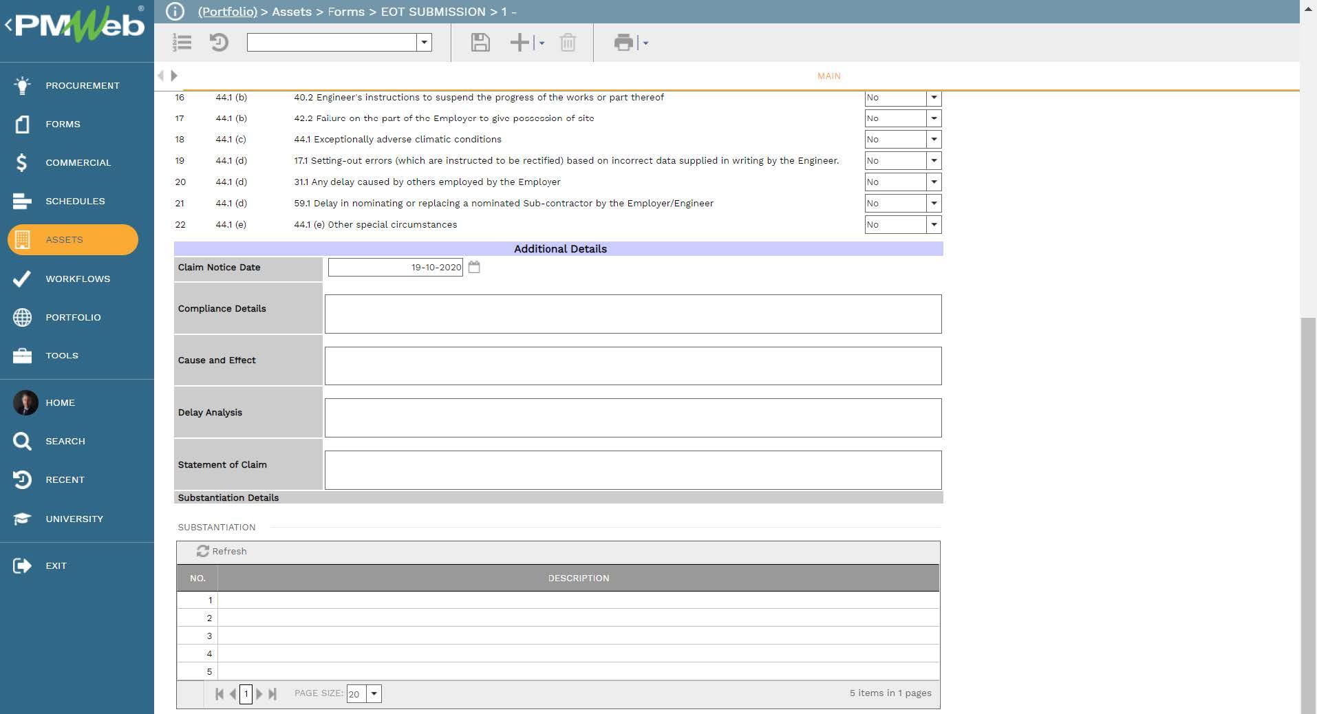 PMWeb 7 Assets Forms EOT Submission
Main