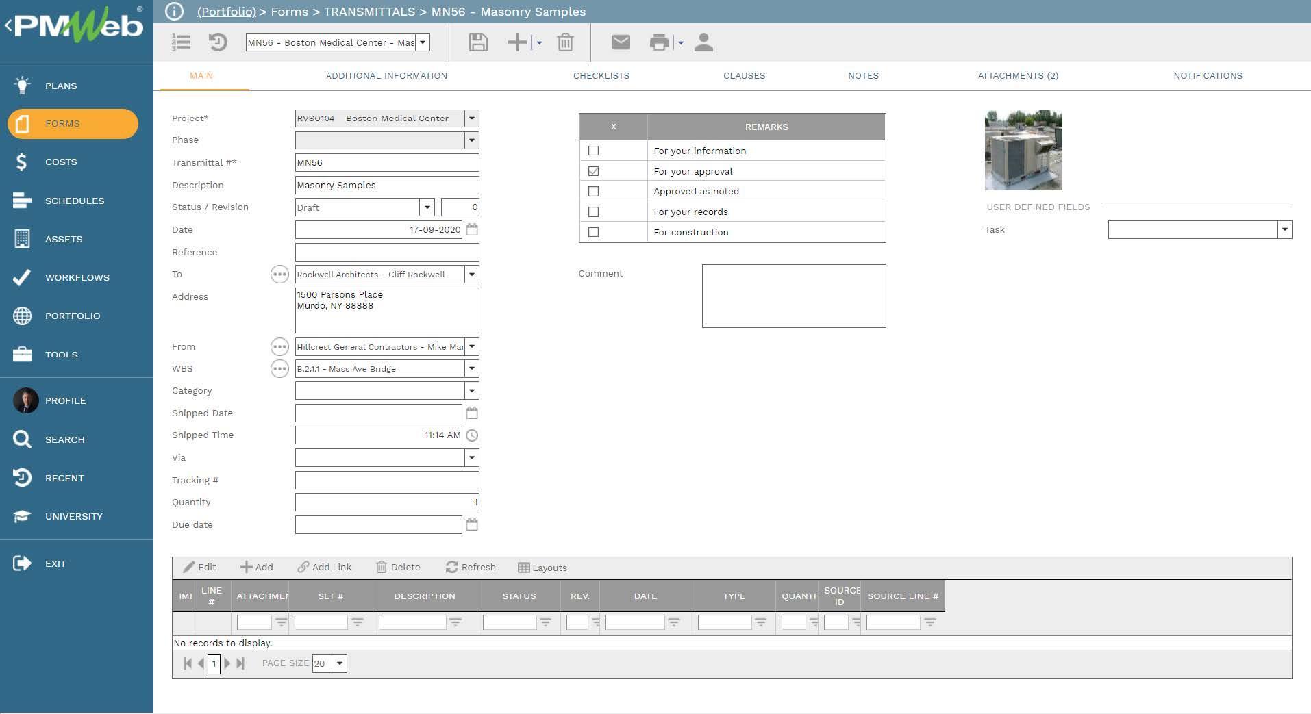 PMWeb 7 Forms Transmittals MN56 Masonry Samples 
Main 