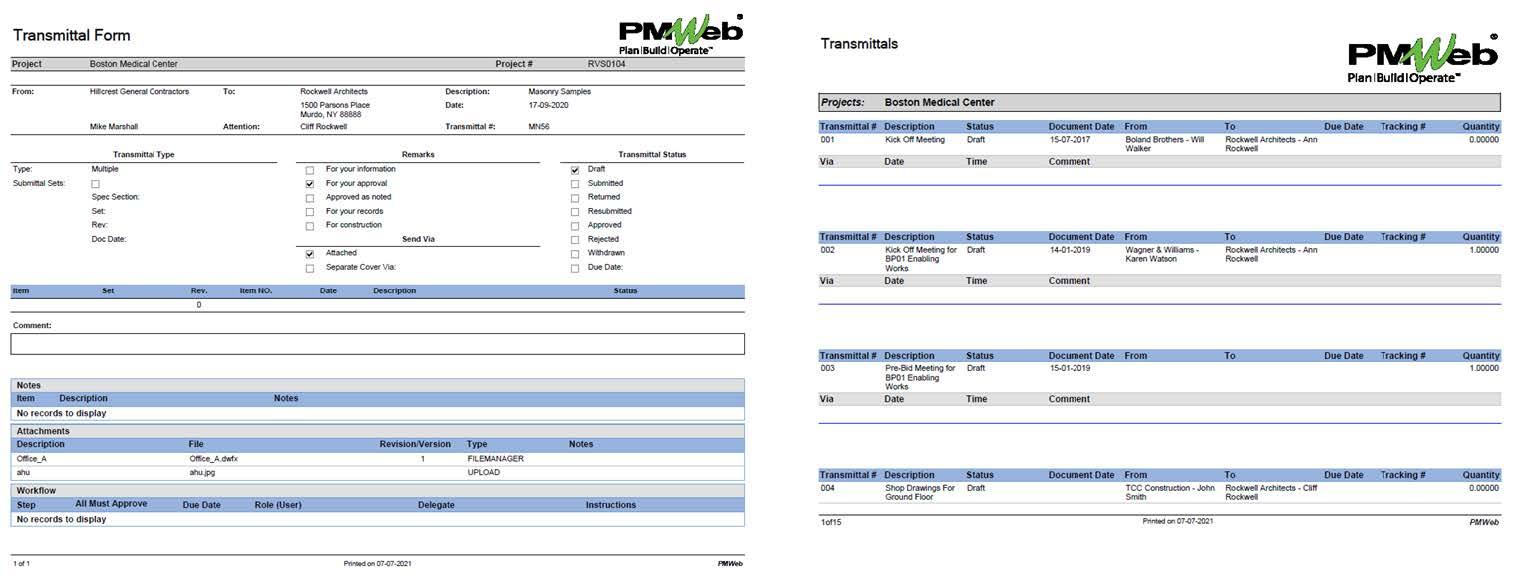 PMWeb 7 Transmittal Form
Transmittals