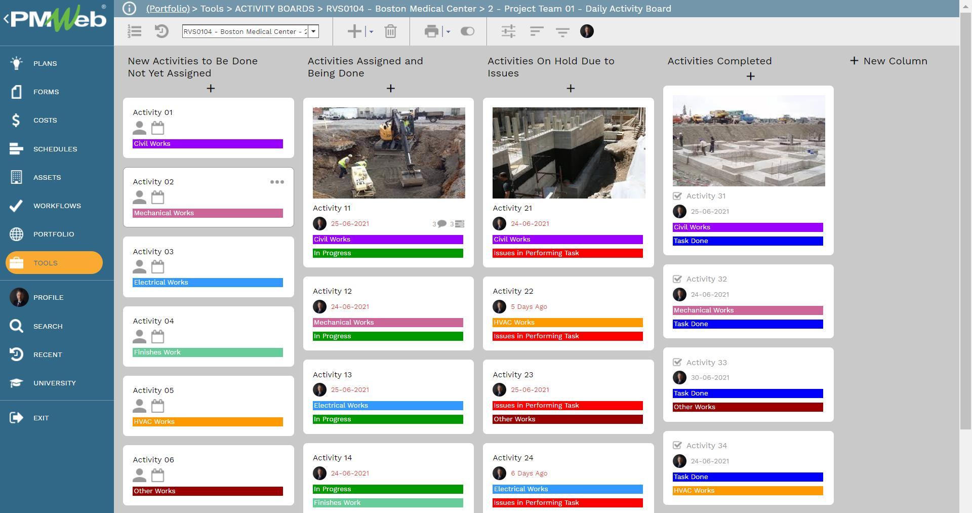 PMWeb 7 Tools Activity Boards RVS0104 Boston Medical Center 2 Project Team Daily Activity Board